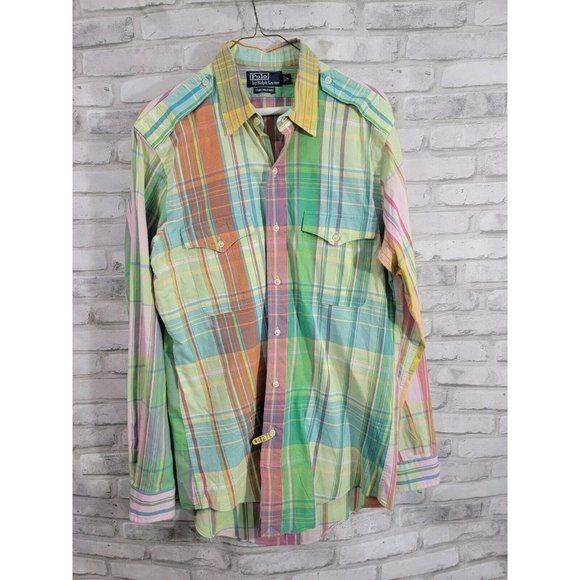 Polo Ralph Lauren M Long Sleeve Button Down Trim Military Pink Plaid Colorful - Picture 6 of 11